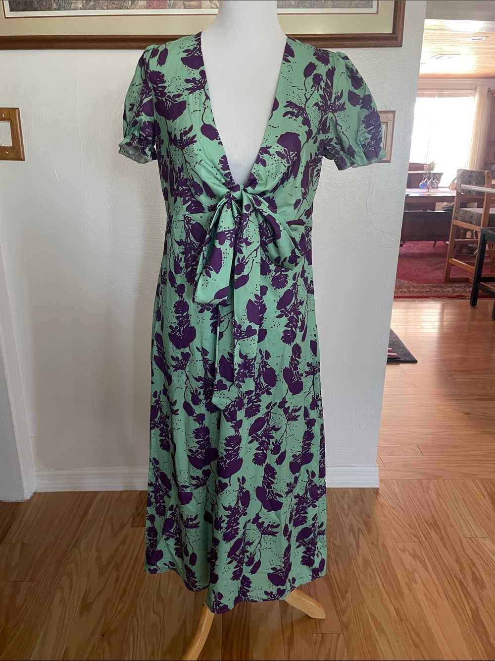 Tie-Front Green and Purple Floral Midi Dress